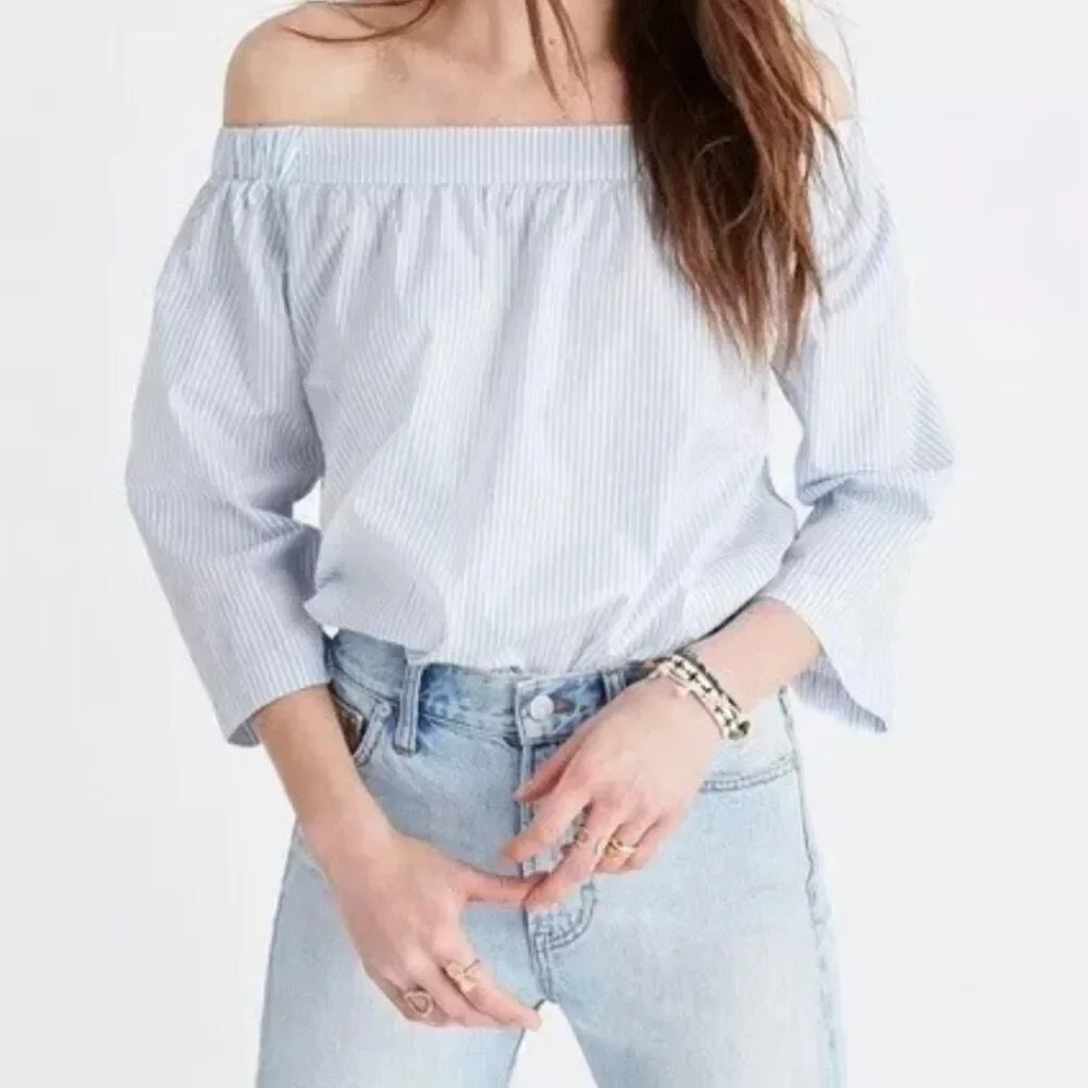 MADEWELL | Womens Off Shoulder‎ Top Blouse Cotton White Blue Striped | Size XL
